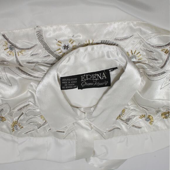 XS/S Vintage Erena by Irene Koenig Satin Blouse Ivory Embellished Yoke - Picture 12 of 16